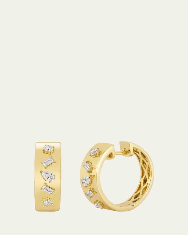 14K Yellow Gold Multifaceted Diamond Hoop Earrings
